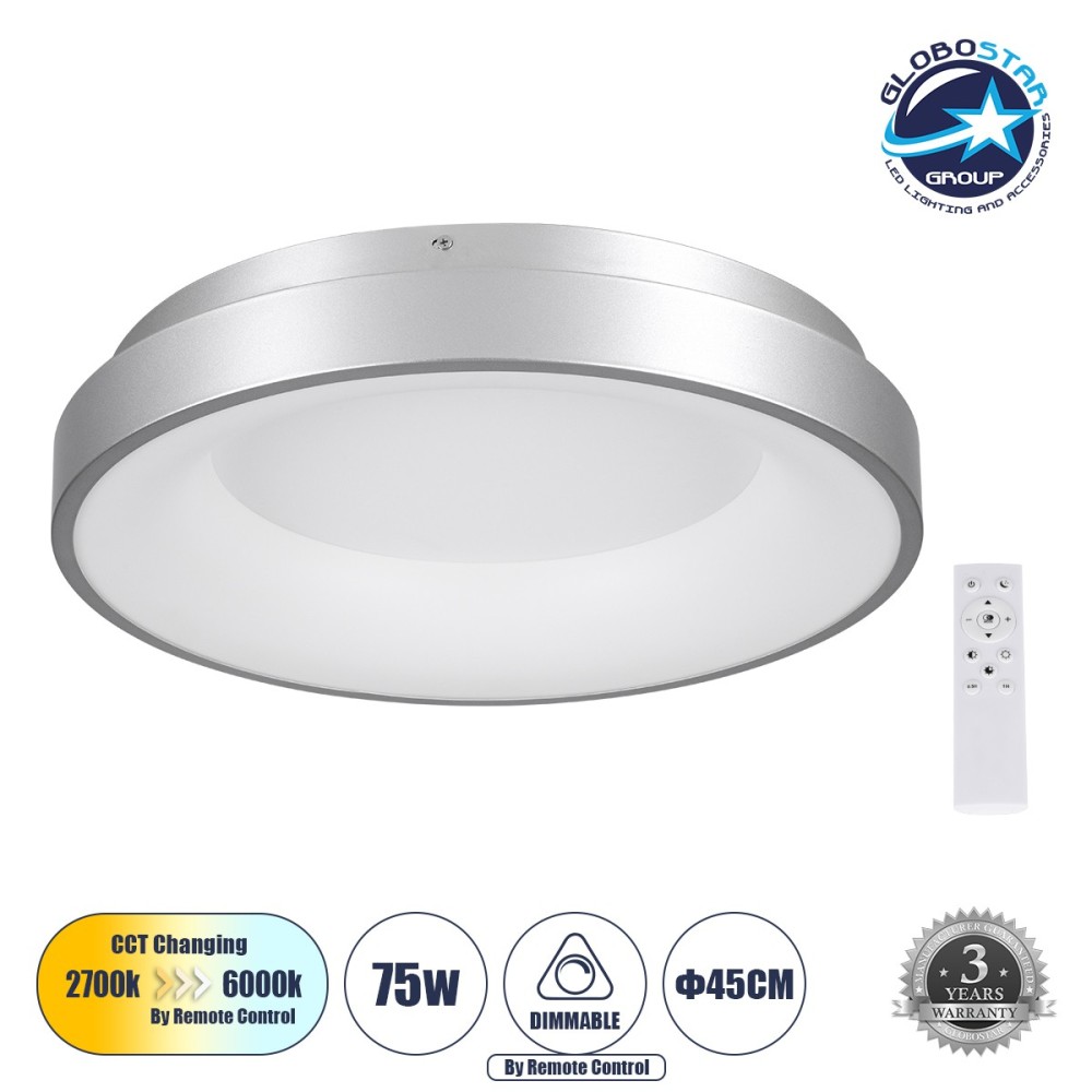 GLOBOSTAR® SALEM 61234 Μοντέρνο Φωτιστικό Οροφής LED 75W 8625lm 120° AC 220-240V IP20 Ρυθμιζόμενο Λευκό CCT με Χειριστήριο από 2700K έως 6000K Dimmable - Lumileds SMD Chip - Γκρι - Μ45 x Π45 x Υ8.5cm - 3 Χρόνια Εγγύηση